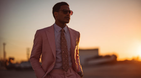 A well dressed man stands tall in a pink suit and sunglasses showcasing confidence against the backdrop of a vibrant sunset with silhouettes of vehicles nearby.の素材