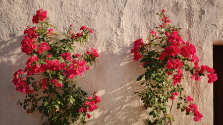 Vibrant pink bougainvillea flowers climb a textured white wall casting colorful shadows in the warm sunlight. This peaceful outdoor scene showcases nature's beauty.の素材