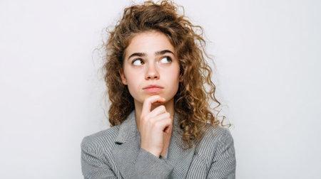 A young woman with curly hair is deep in thought wearing a gray suit. She has a curious expression and is resting her chin on her hand lost in contemplation.の素材