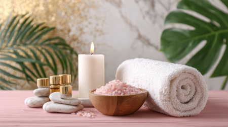 Soft light enhances a spa scene featuring pink salt in a bowl essential oils in small bottles a lit candle and a rolled towel. Perfect for home relaxation and self care.の素材