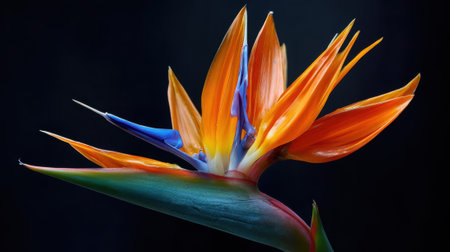 A striking bird of paradise flower reveals its vibrant orange and blue petals. The delicate petals are set against a dark background highlighting its unique beauty and form.の素材