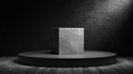 A gray cube rests on a circular podium illuminated by a single beam of light. The background is dark enhancing the minimalist design and focusing attention on the object.の素材