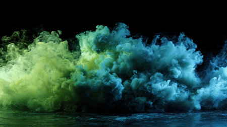 Vibrant green and blue smoke swirls rise and blend together creating a striking visual effect against a dark backdrop capturing an expressive moment.の素材