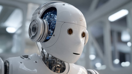 A humanoid robot features a smooth white exterior large expressive eyes and visible internal circuitry. It stands in a high tech setting showcasing innovations in robotics and AI.の素材