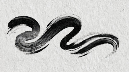 Curved black brush strokes flow gracefully across textured white paper showing an abstract art form. The design emphasizes movement and creativity in a minimalistic style.の素材