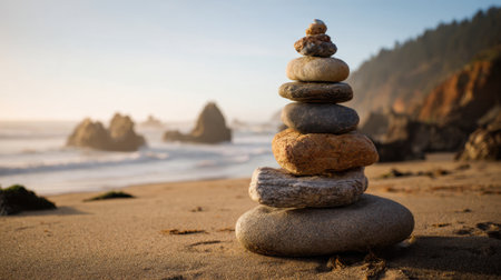 Colorful stones are stacked neatly on a sandy beach with gentle waves lapping in the background. The setting sun casts a warm glow over the scene creating a peaceful atmosphere.の素材