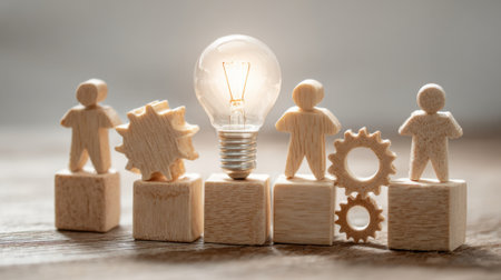 Wooden figures stand on blocks next to a glowing light bulb and gear shapes representing ideas and teamwork in design and engineering. The setting is bright and inviting.の素材