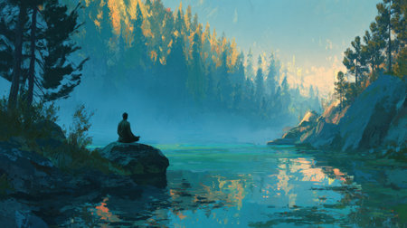 A person sits in meditation on a rock by a tranquil lake. Surrounding trees reflect in the calm water while soft morning light enhances the peaceful atmosphere of the scene.の素材