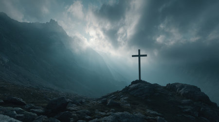 A solitary cross stands on a rocky hill as dawn breaks. The sky is filled with dark clouds casting shadows over the landscape. The scene evokes a sense of solitude and reflection.の素材