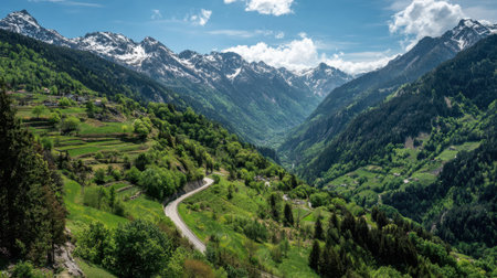 High above a verdant valley a meandering road invites exploration among the vibrant green fields and majestic snow capped mountains.の素材