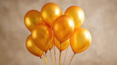 A cluster of shiny golden balloons floats gracefully together perfect for adding a joyful touch to a festive indoor party. The soft background enhances the cheerful ambiance.の素材