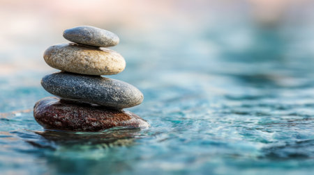 A careful arrangement of smooth stones balances on top of each other in the clear water reflecting sunlight as gentle ripples create a peaceful atmosphere.の素材