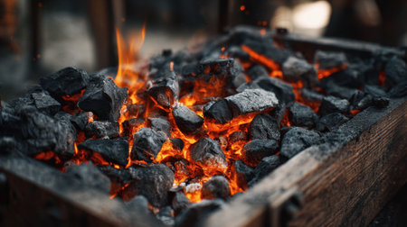 Glowing embers burn brightly in a wooden forge providing heat for metalworking activities. Craftsmen prepare to shape metal in a traditional workshop setting.の素材