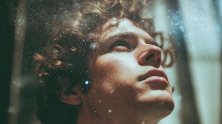 A young man with curly hair looks up with a thoughtful gaze immersed in a misty and ethereal setting creating a sense of wonder and introspection.の素材