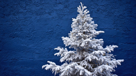 A snow covered tree is contrasted by a bright blue wall during winter. The crisp white of the snow enhances the bold colors creating a striking visual effect.の素材