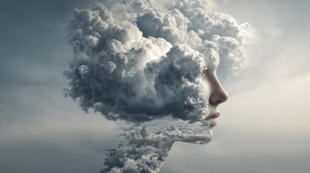 A surreal scene depicts a human silhouette formed by soft swirling clouds against a moody sky. The image captures a sense of wonder and introspection during twilight.の素材