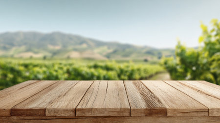 A rustic wooden table stands in the foreground while a lush vineyard stretches into the background under a clear sky. The scene captures the beauty of nature in a peaceful setting.の素材