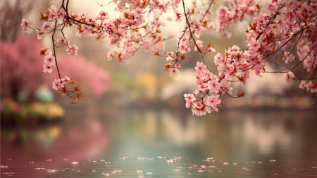 Delicate cherry blossom branches hang over a calm lake reflecting their pink hues on the water's surface in a tranquil park during a bright spring morning.の素材