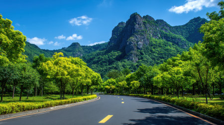 A winding road cuts through a beautiful landscape filled with vibrant green trees. Towering mountains rise majestically in the background on a clear sunny day.の素材