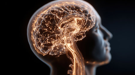 A human head silhouette showcases a brain filled with luminous neural connections. The intricate design highlights the complexity of thoughts and ideas against a dark backdrop.の素材
