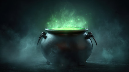 A dark cauldron sits on a shadowy surface emitting a vibrant green mist. The atmosphere is mysterious enhanced by swirling fog and an eerie glow suggesting a magical scene.の素材