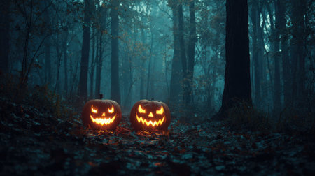 Two carved Halloween pumpkins light up the dark forest showing their spooky faces. Fog rolls through the trees creating a mysterious and festive atmosphere in the night.の素材