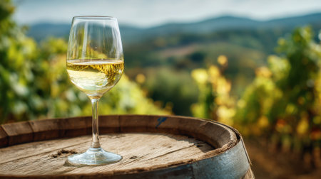 A clear glass of white wine rests on a weathered wooden barrel surrounded by lush green vines and rolling hills under a bright sky. The scene captures the essence of vineyard life.の素材