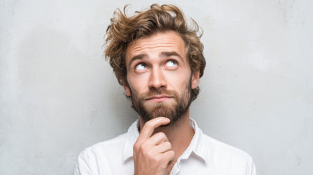 A young man with curly hair and a beard stands in front of a simple gray wall. He is deep in thought looking upwards while resting his chin on his hand.の素材