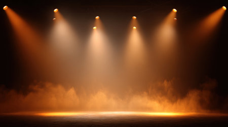 Bright stage lights cast warm beams over an empty performance area filled with a light fog. The scene is set for an evening of entertainment and creativity.の素材