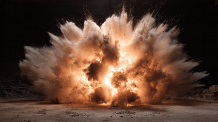 A powerful explosion sends a massive cloud of dust and debris into the air in an abandoned industrial site during the evening. The scene captures the chaotic energy and intensity of the blast.の素材
