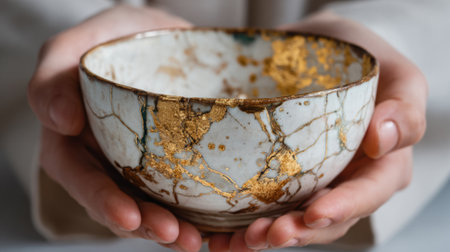 A person holds a delicate bowl with charming gold seams emphasizing the beauty of imperfections. The setting offers a serene atmosphere focusing on craftsmanship and artistry.の素材