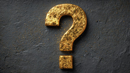 A shiny gold question mark stands out on a rough dark background representing curiosity and the quest for knowledge. The contrast captures attention and invites exploration of ideas.の素材