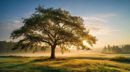 A majestic oak tree stands alone in a tranquil meadow during sunrise. Soft mist hangs in the air and warm light filters through the branches creating a peaceful atmosphere.の素材