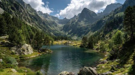 A breathtaking mountain scene features a calm lake reflecting the sky framed by vibrant green trees and towering peaks under a partly cloudy sky showing nature's beauty.の素材