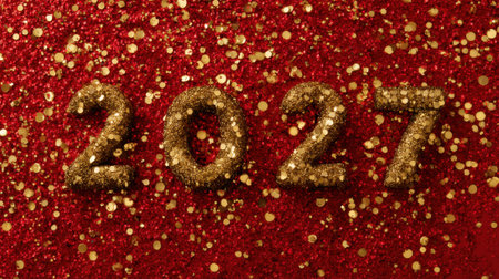 Golden numbers representing the year 2027 are displayed against a vibrant red glitter background creating a festive atmosphere perfect for New Year celebrations.の素材
