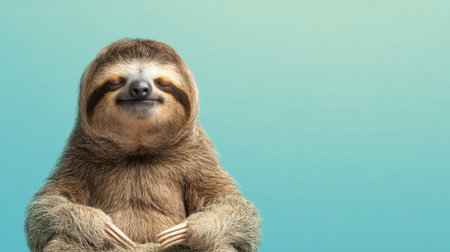 A sloth smiles and leans back showcasing its relaxed posture against a soothing gradient background. The scene captures a moment of tranquility and contentment.の素材