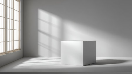 A simple white cube stands in a minimalistic room with soft natural light streaming through a large window. Shadows cast create an artistic atmosphere.の素材