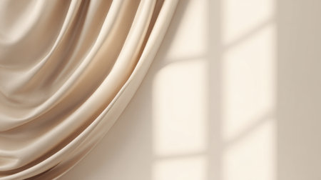 Soft creamy fabric hangs elegantly on a wall catching the gentle light from a nearby window. The serene atmosphere enhances the room's calming design.の素材