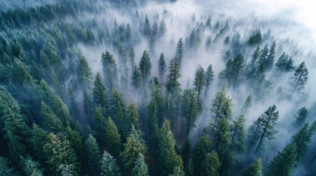 A tranquil forest scene reveals towering evergreen trees shrouded in morning mist. Soft light filters through the branches creating a peaceful atmosphere in nature.の素材
