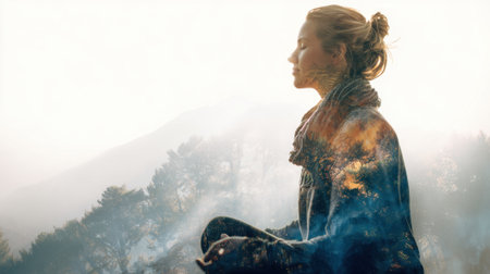 A woman sits in a meditative pose outdoors surrounded by a serene mountain landscape. The soft glow of sunrise creates a calming atmosphere enhancing her connection with nature.の素材