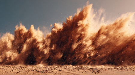 A massive dust cloud bills up from the desert ground swirling in the warm air. Sunlight casts a golden hue over the scene creating a dramatic effect.の素材