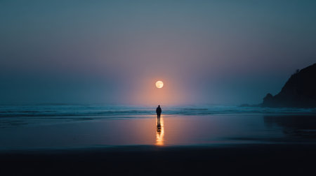 A lone person stands on a sandy beach at sunset gazing at the glowing sun. The water reflects golden hues while soft fog enhances the tranquil atmosphere.の素材