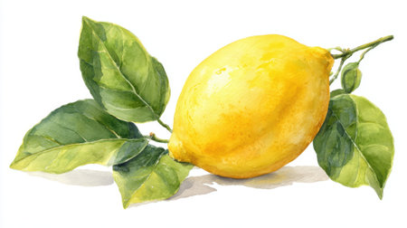 A bright yellow lemon sits gracefully on green leaves highlighting its smooth texture and vivid color. This arrangement captures the freshness of nature in a simple style.の素材