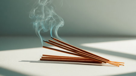 A bunch of incense sticks rests on a flat surface releasing gentle smoke tendrils into the air. The morning sunlight highlights their warm hues and calming presence creating a peaceful ambiance.の素材