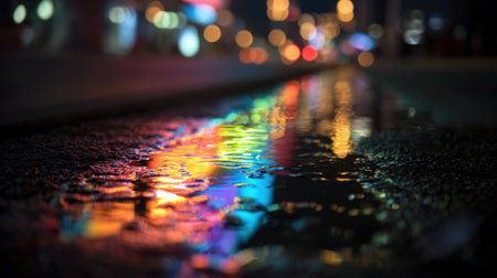 A wet city street reflects a spectrum of colorful neon lights after rain creating a vibrant atmosphere. The lights illuminate puddles and enhance the urban night scene.の素材
