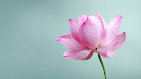 A pink lotus flower stands elegantly against a soft muted background displaying its delicate petals. This scene captures the beauty and tranquility of nature.の素材