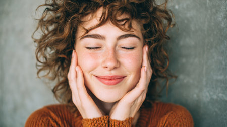 A cheerful young woman with curly hair smiles softly resting her hands on her face. She appears and relaxed content while sitting against a textured wall exuding a sense of calm.の素材
