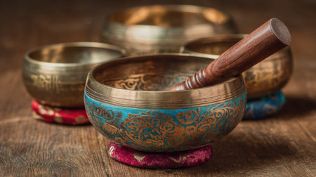 Four beautifully crafted singing bowls each with unique designs are arranged on colorful fabric cushions. A wooden mallet rests in one bowl inviting peaceful meditation and relaxation.の素材