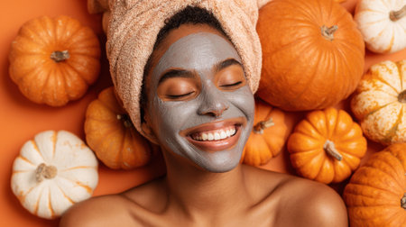 A woman smiles with a gray face mask while lying among bright orange and white pumpkins. The festive fall atmosphere enhances her cheerful experience.の素材