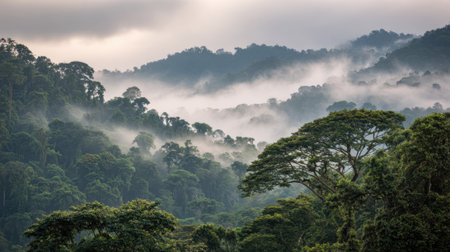A stunning view of a rainforest during early morning hours. Lush trees and hills create a serene atmosphere as mist envelops the landscape providing a sense of tranquility and mystery.の素材